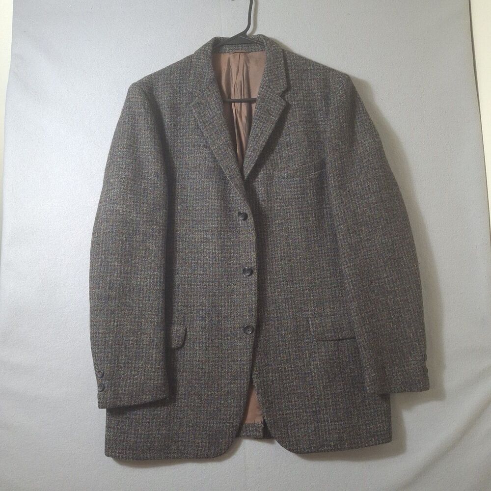 HARRIS TWEED Jacket 42L Windowpane Check Brown Gray Sport Coat Blazer VTG 70s 80